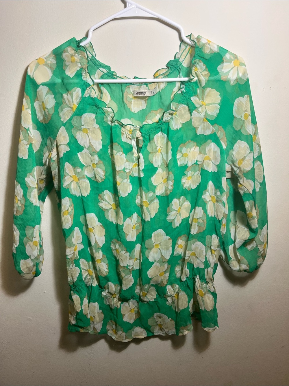 Old Navy Green Floral Ruffle Sheer Blouse